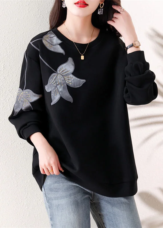 Loose Black O Neck Embroideried Patchwork Cotton Tops Fall