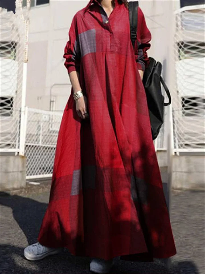 Printed Lapel Long Sleeve Simple Loose Casual Big Swing Dress