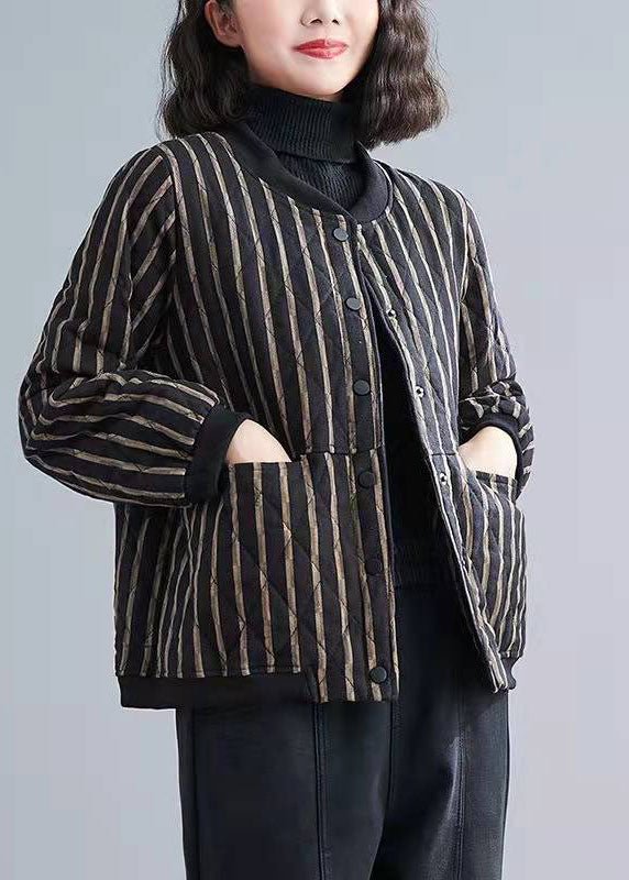 Fine Striped Zippered Pockets Winter Cotton Coats Long sleeve CK1676- Fabulory