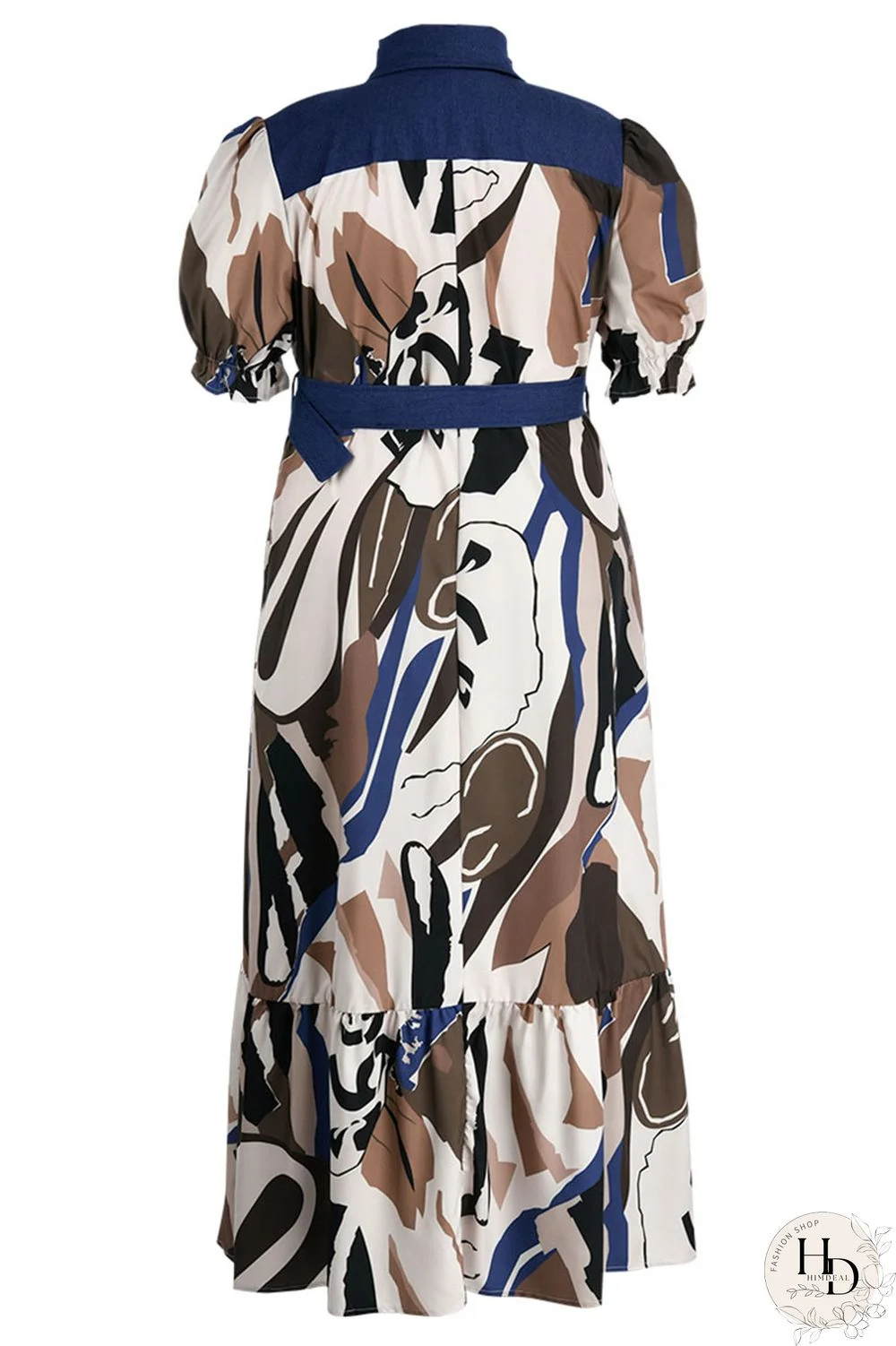 Tangerine Casual Print Patchwork Buckle Turndown Collar Straight Plus Size Dresses