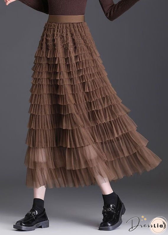 Stylish Coffee Ruffled Layered Patchwork Tulle Skirt Spring