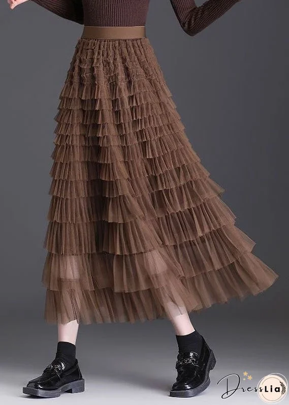 Stylish Coffee Ruffled Layered Patchwork Tulle Skirt Spring