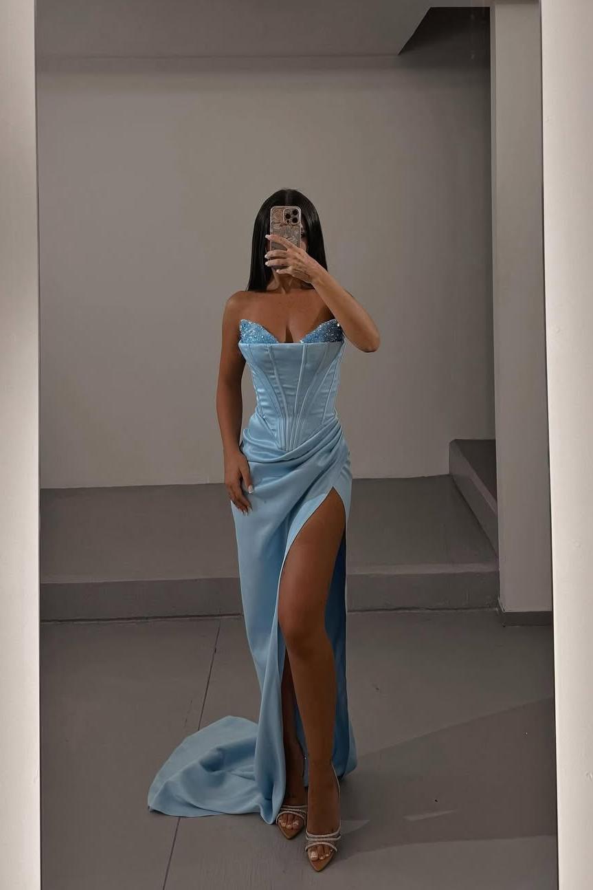 Charming Sky Blue Satin Sleeveless Strapless Split Prom Dress with Sequins | MS0288  