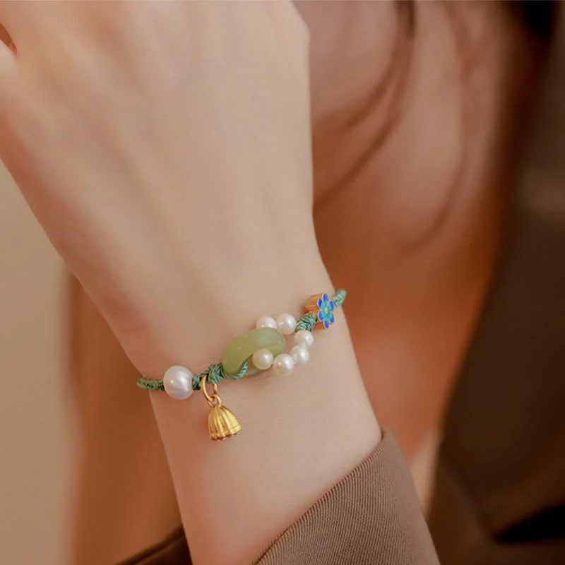 Natural Hetian Jade Peace Buckle Pearl Luck Handcrafted Braided Bracelet