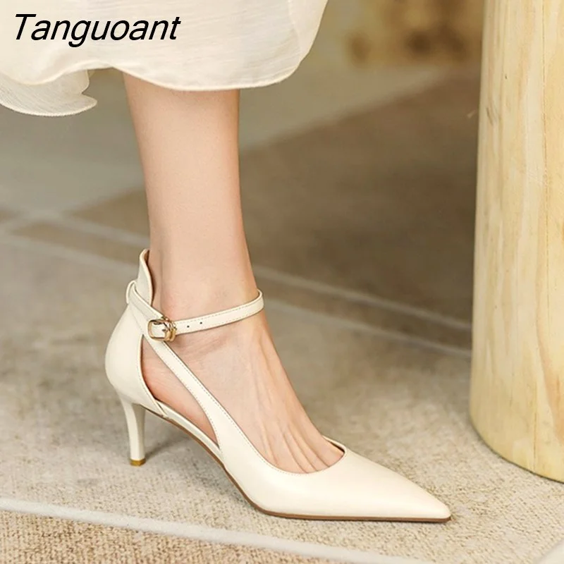 Tanguoant New Fashion French Fashion Ladies Pointed Toe Strap Stiletto Shoes Hollow Roman Toe Sandals Women Elegant Banquet Shoes