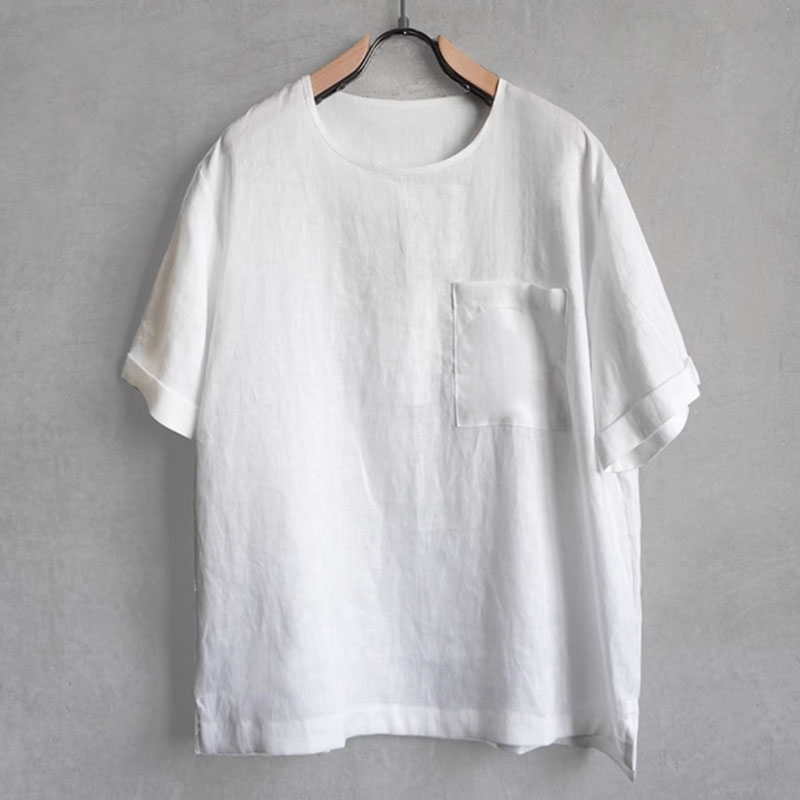 Casual Linen Round Neck Solid Color Thin Short Sleeve Top