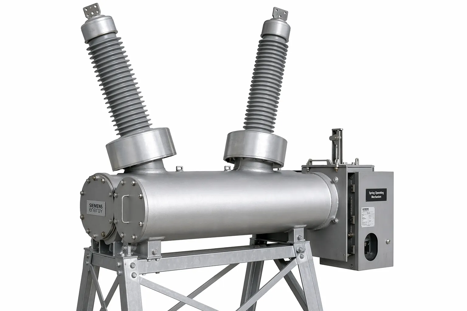 Siemens Energy 3AP2-DT dead tank circuit breaker close-up with porcelain bushing and integrated DTC current transformer