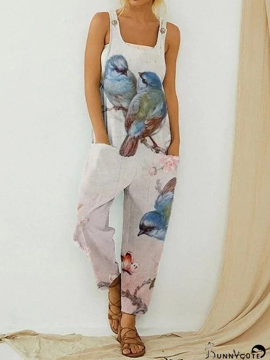 Jumpsuits Vintage Abstract Print Sleeveless Pocket Jumpsuit for Women