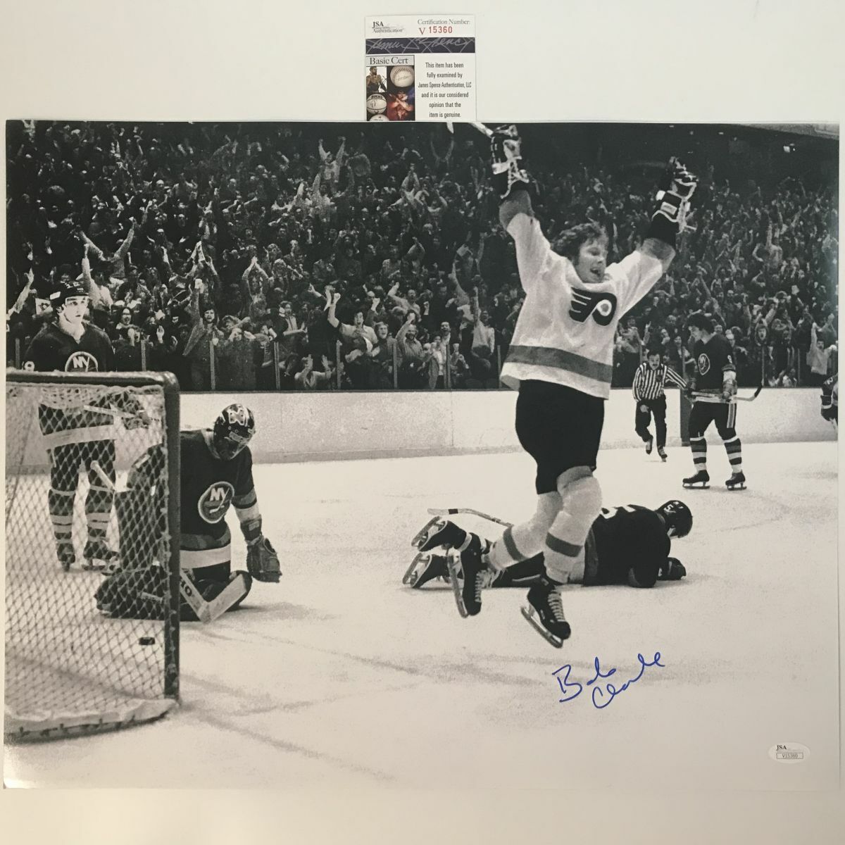 Autographed/Signed BOBBY BOB CLARKE B&W Philadelphia Flyers 16x20 Photo Poster painting JSA COA