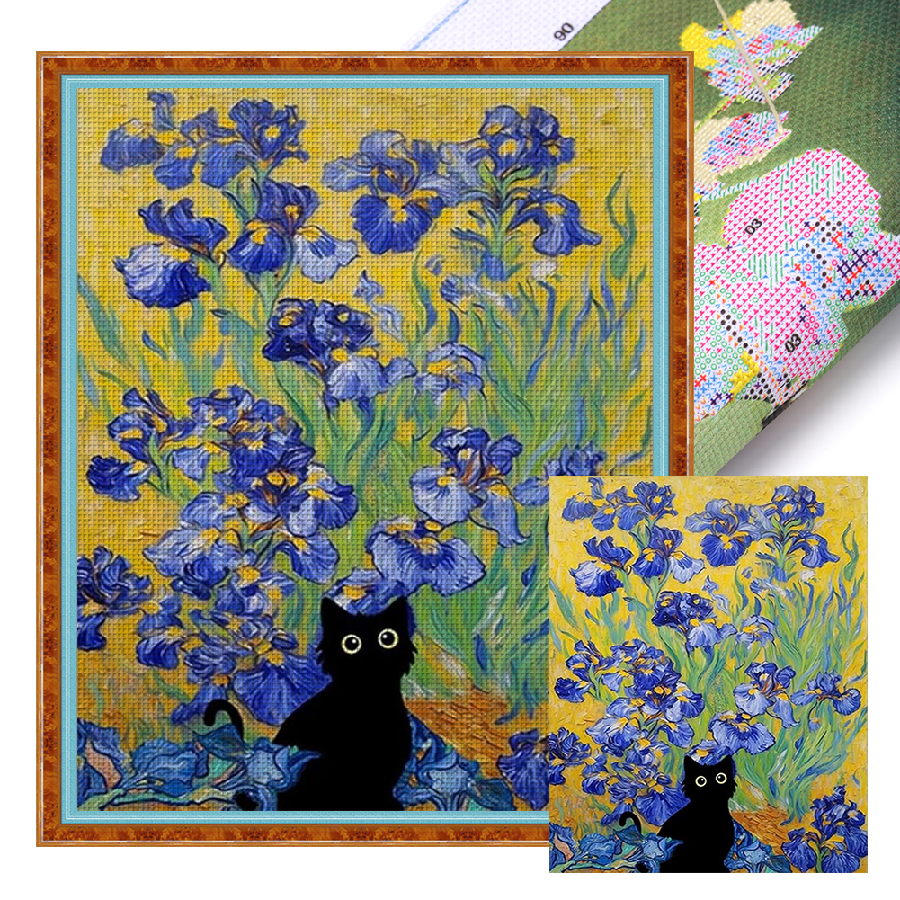 Van Gogh'S Irises And Black Cat Full 11CT Pre-stamped Canvas(40*50cm) Cross Stitch