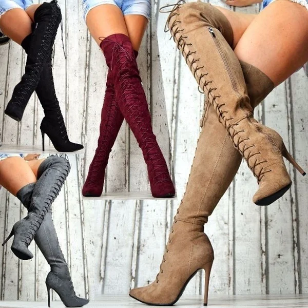 Lace Up Boots Women's Fashion High Boots High Heel Shoes Casual Zipper Boots