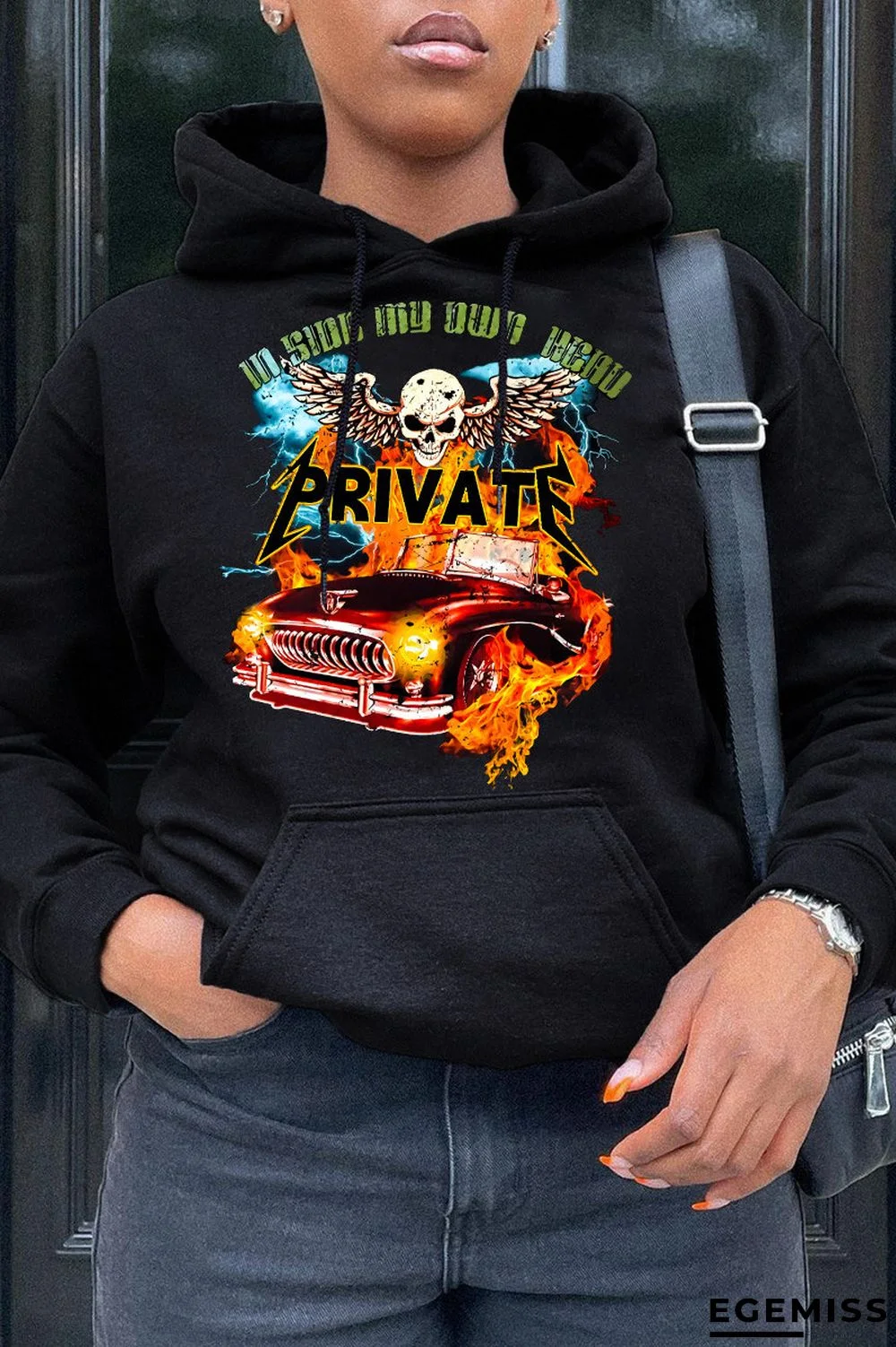 Black Fashion Casual Print Patchwork Hooded Collar Tops | EGEMISS