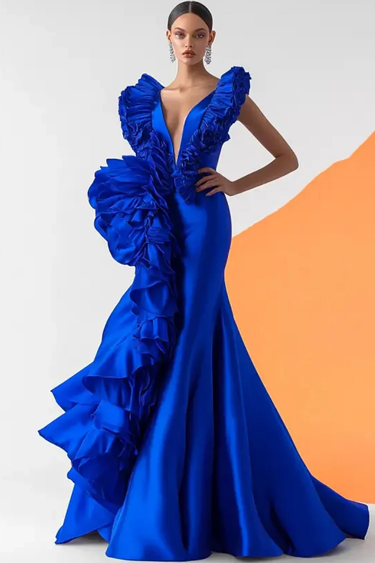 Deep V Neck Ruffle Trim Maxi Dress-Royal Blue [Custom-Made]