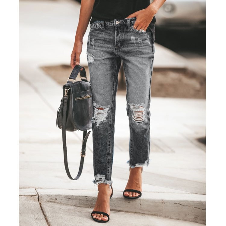 Temperament Commute Women's Jeans Ripped Tassel Slimming Trousers