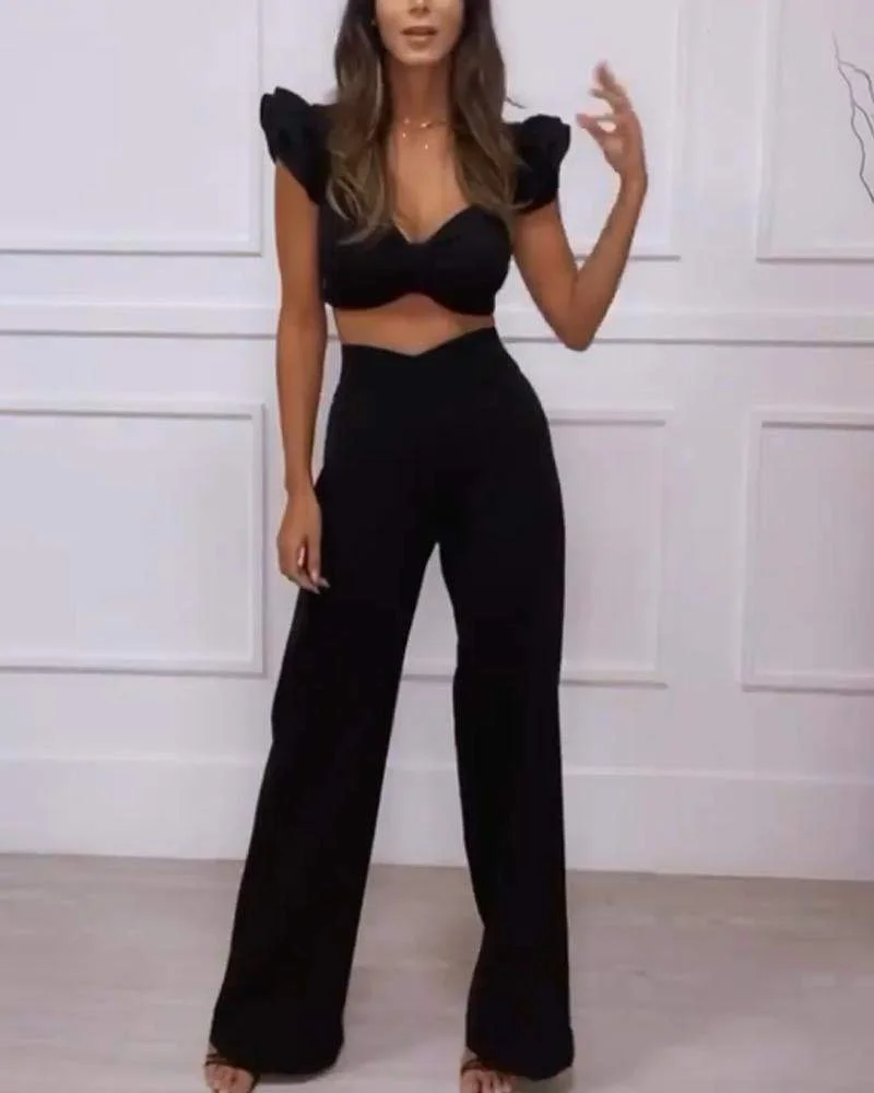 Cute Lace Top Straight Pants Set