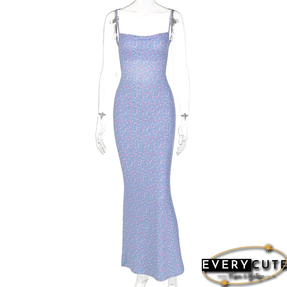 Blue Backless Spaghetti Straps Floral Dress