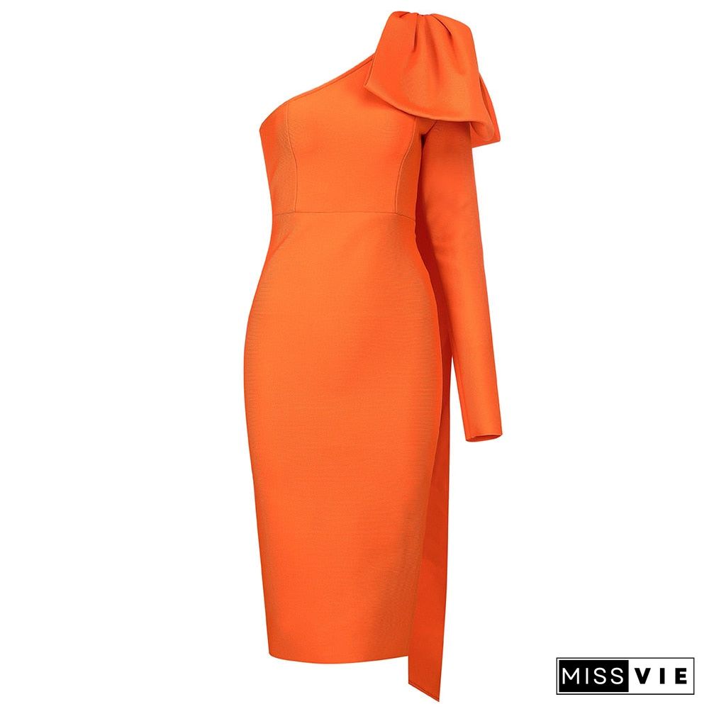 Summer New Women's Fashion Sexy One-shoulder Long-sleeved Bow Elegant Celebrity Bandage Dress Bodyon Midi Dress Vestidos