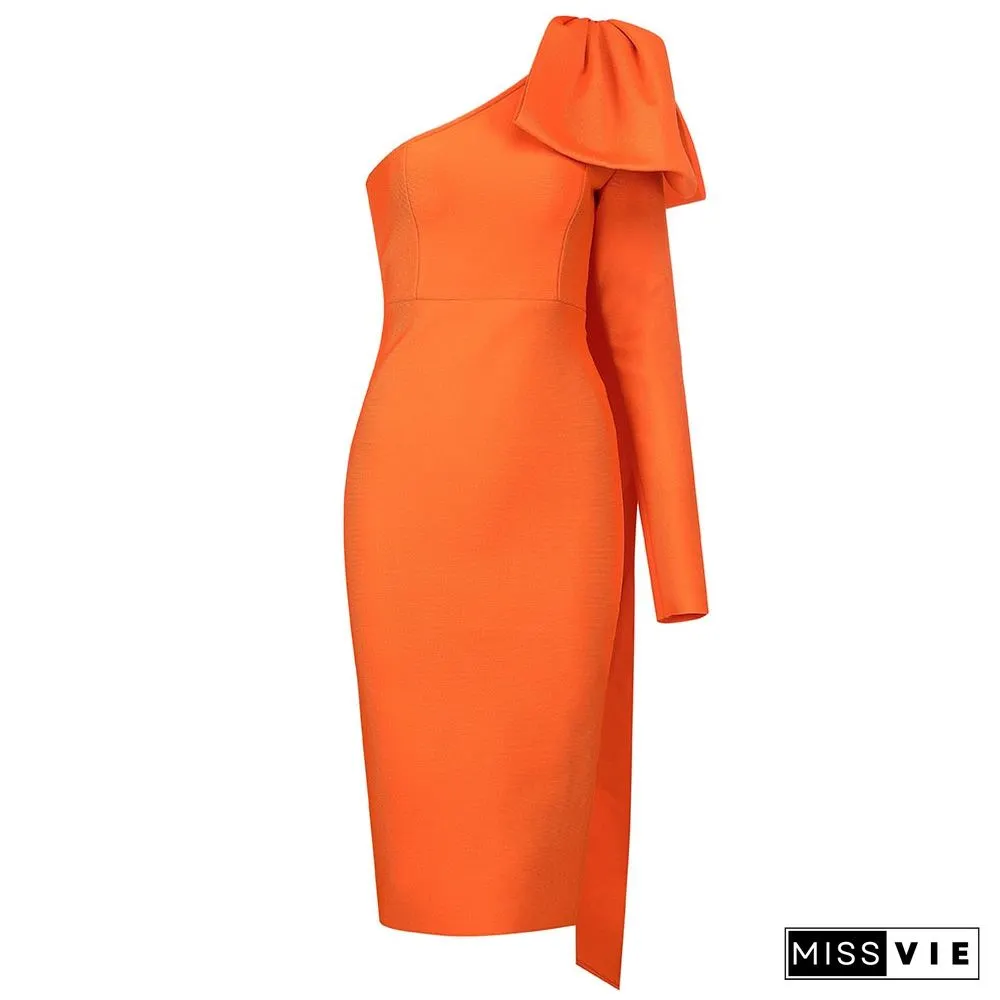 Summer New Women's Fashion Sexy One-shoulder Long-sleeved Bow Elegant Celebrity Bandage Dress Bodyon Midi Dress Vestidos