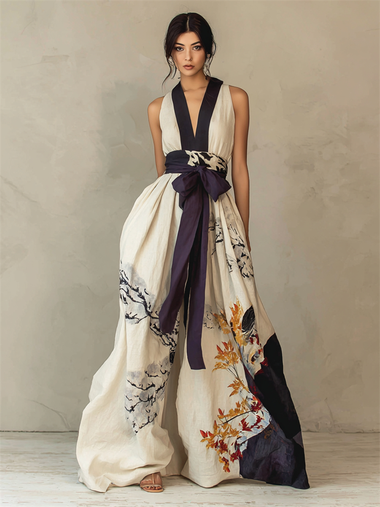 Classy Floral Art Flowy Tied Linen Maxi Dress wearshes