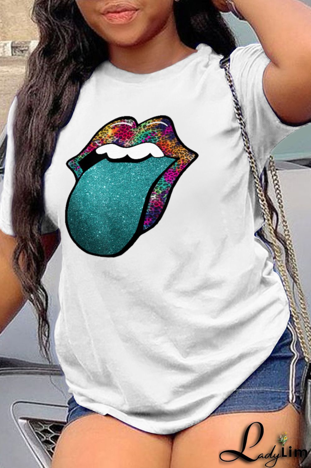 White Fashion Daily Lips Printed Patchwork O Neck T-Shirts