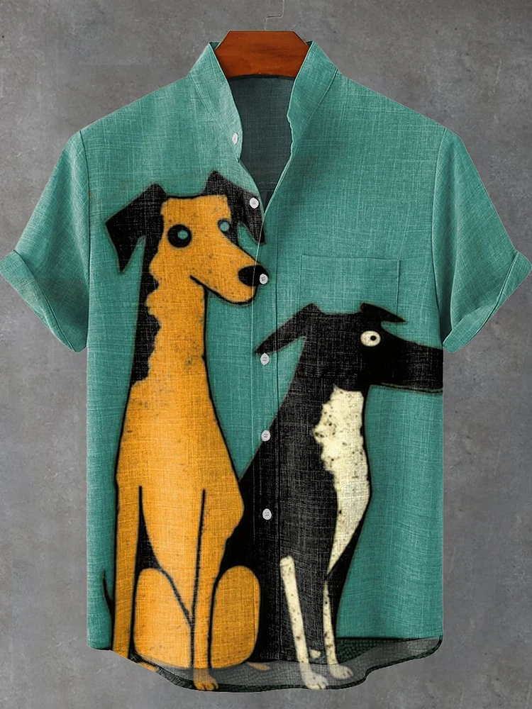 Green Two Dogs Vintage Print Casual 100% Cotton Shirt