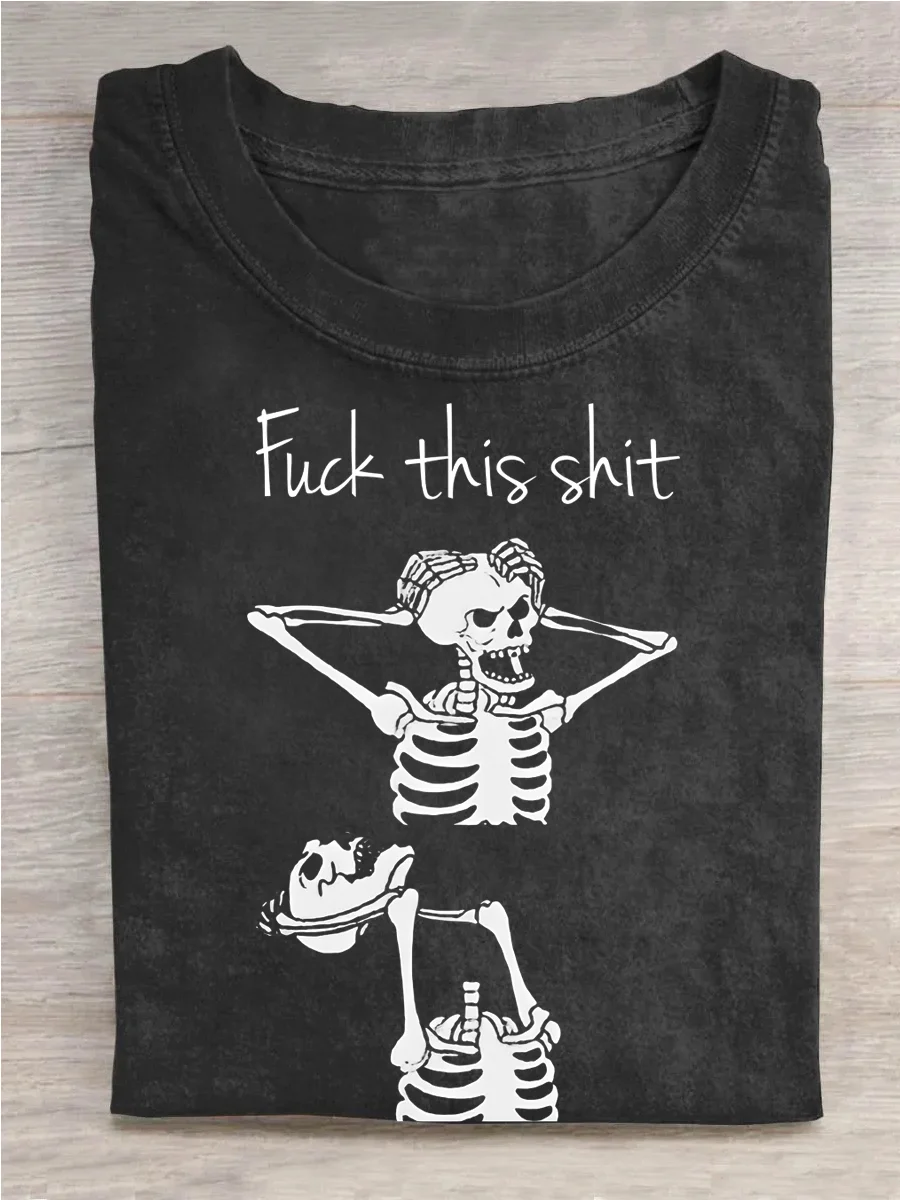 Eagerlys Fuck This Unisex Print Vintage Wash Denim T-shirt Eagerlys