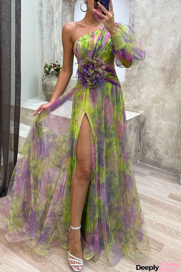 Picturesque Beauty Tulle Floral Pleated One Shoulder Sleeve Slit Maxi Dress