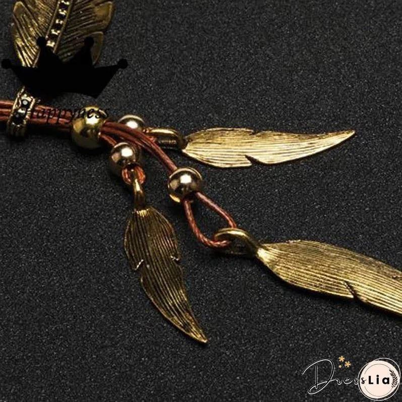 Fashion New Gold Color Boho Style Rope Chain Leaf Feather Pattern Pendant Ladies High Jewelry Choker Personality Necklace