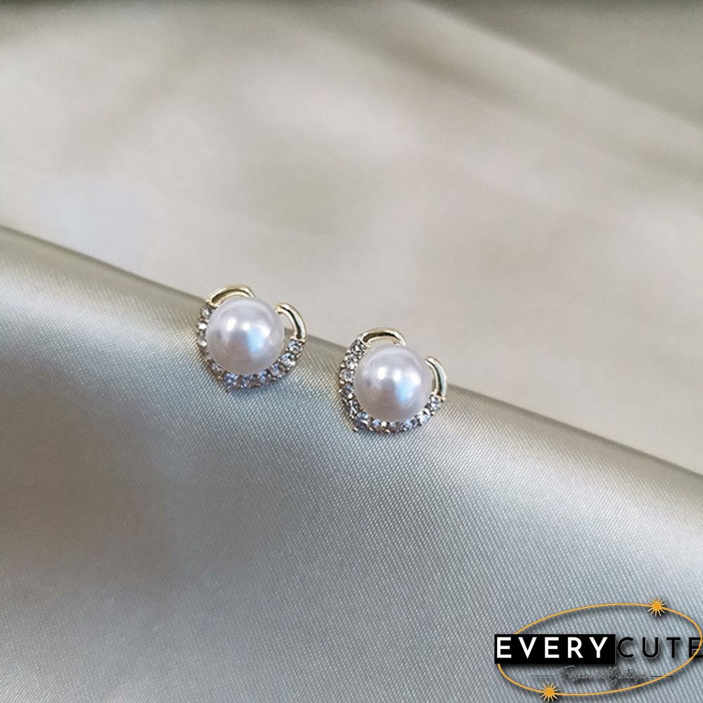 Trendy Fashion Women's S925 Silver Exquisite Pearl Heart-shaped Diamond Crystal Earrings Prevent allergy Jewelry
