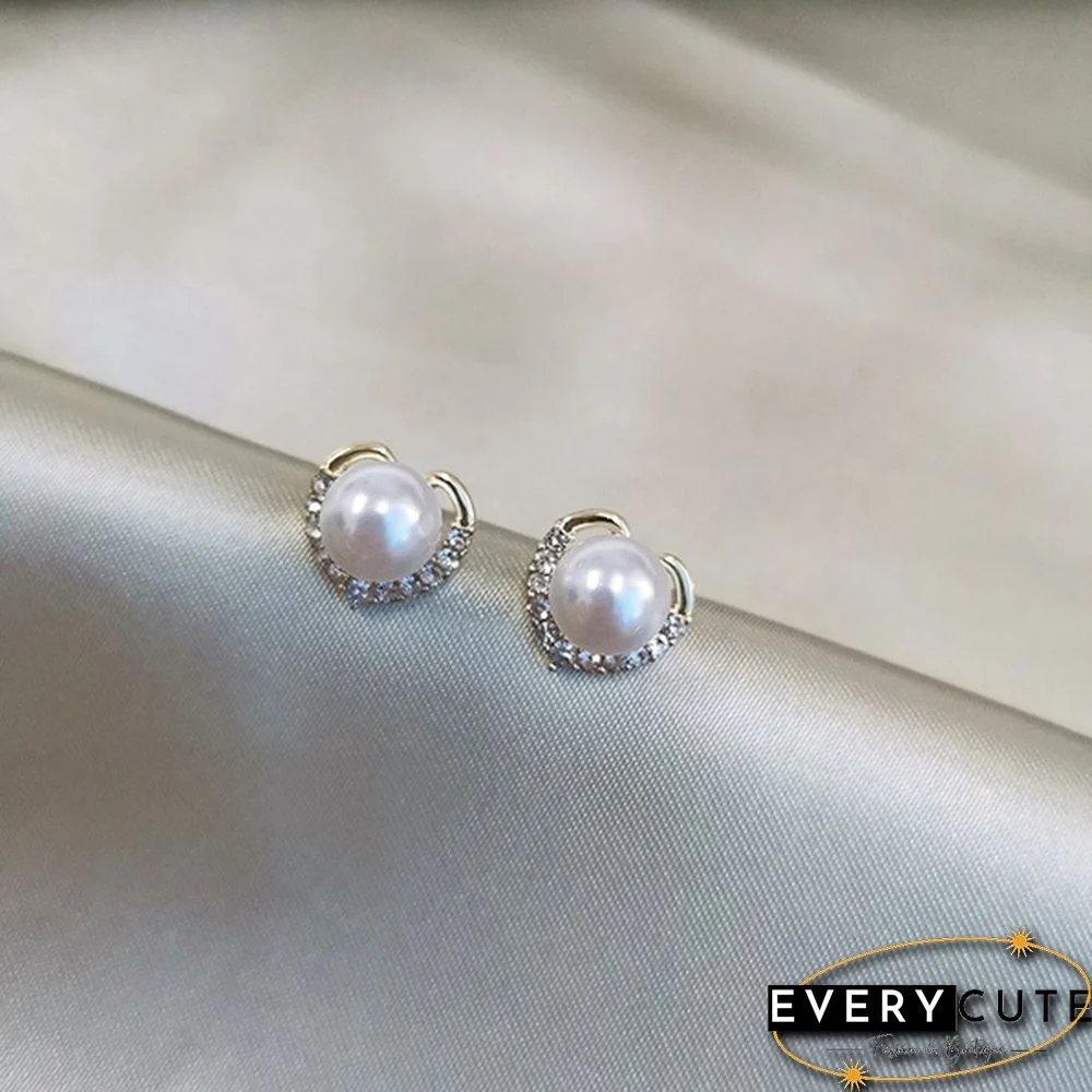 Trendy Fashion Women's S925 Silver Exquisite Pearl Heart-shaped Diamond Crystal Earrings Prevent allergy Jewelry
