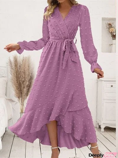 Swiss Dot Tie Waist Flounce Sleeve Dress