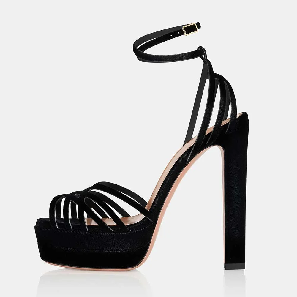 Peep Toe Chunky Heel Cross Ankle Strap Cage Black Platform Sandals