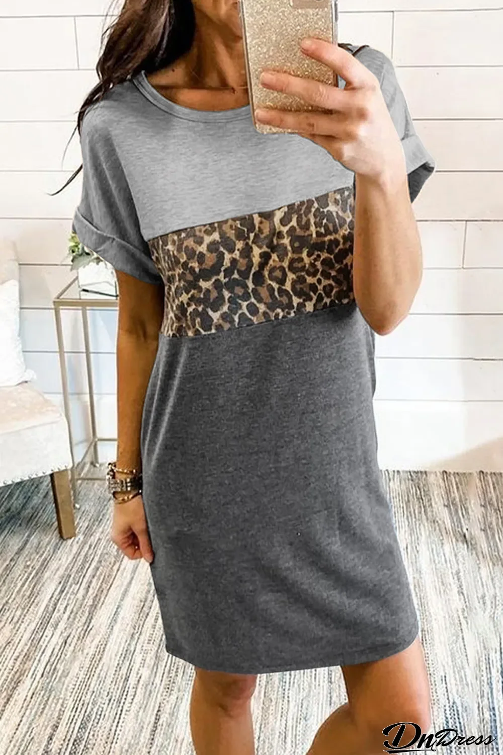Colorblock Leopard Insert T-shirt Mini Dress