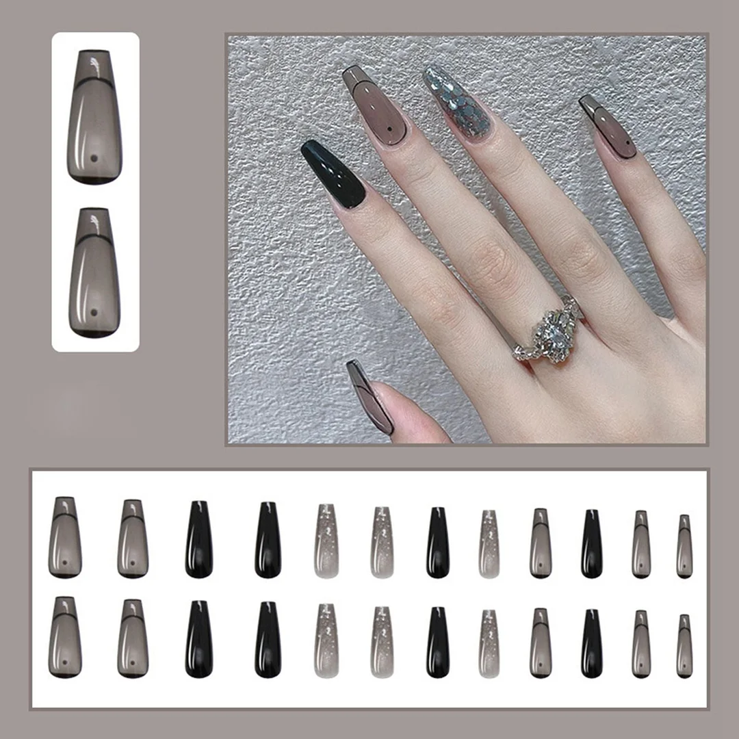 24pcs Coffin Fake Nails Long Mixed Black White Blood Pattern Press On Nails with Glue Removable Ballerina False Nails Full Tips-Nail Inspo
