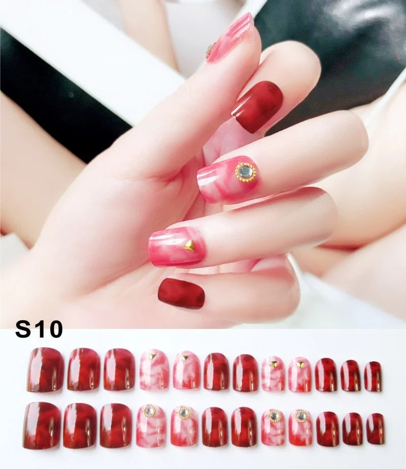 24pcs/Set Fashion Black Red Rivet False Nails Strip Rivet Design Coffin Finished Full Cover Artificial Fake Nails Manicure Tools-Nail Inspo