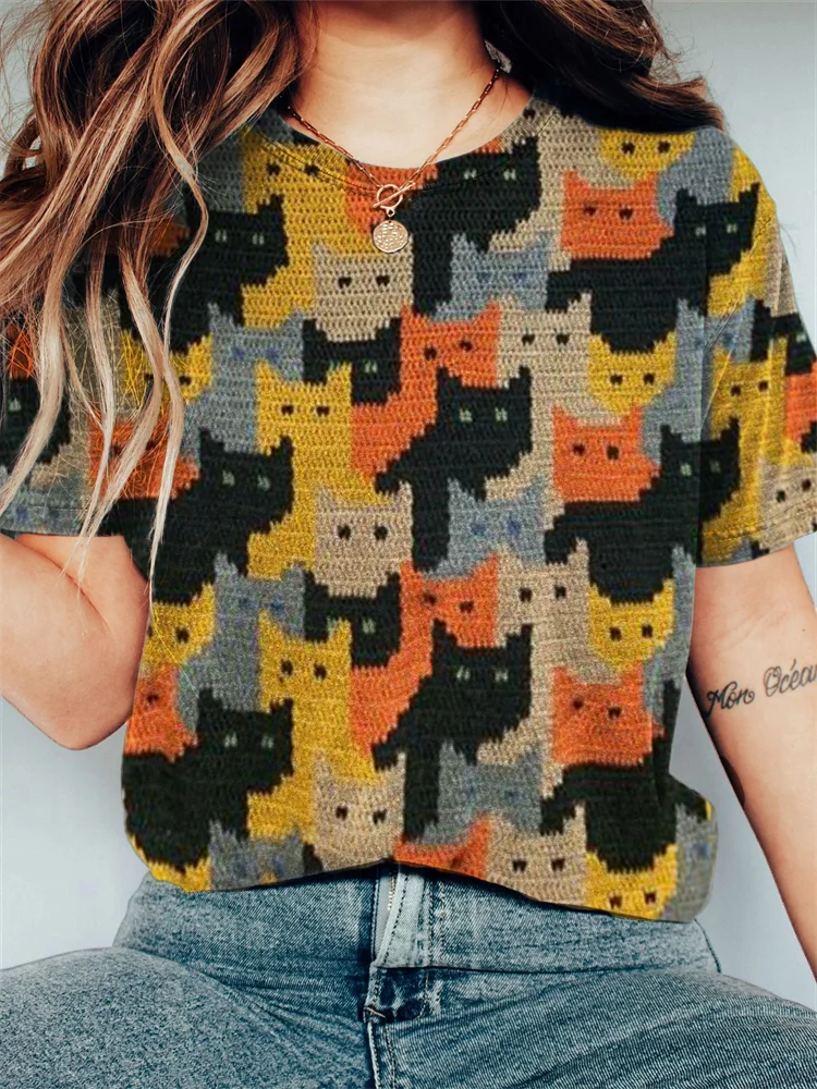 Colorful Cats Knit Art Comfy T Shirt