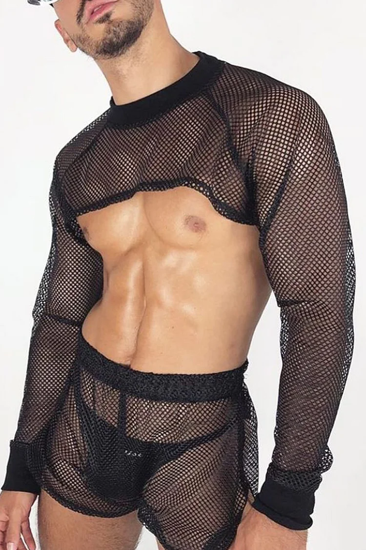 Ciciful See Through Fishnet Long Sleeve Shrug Top Shorts Two Piece Set