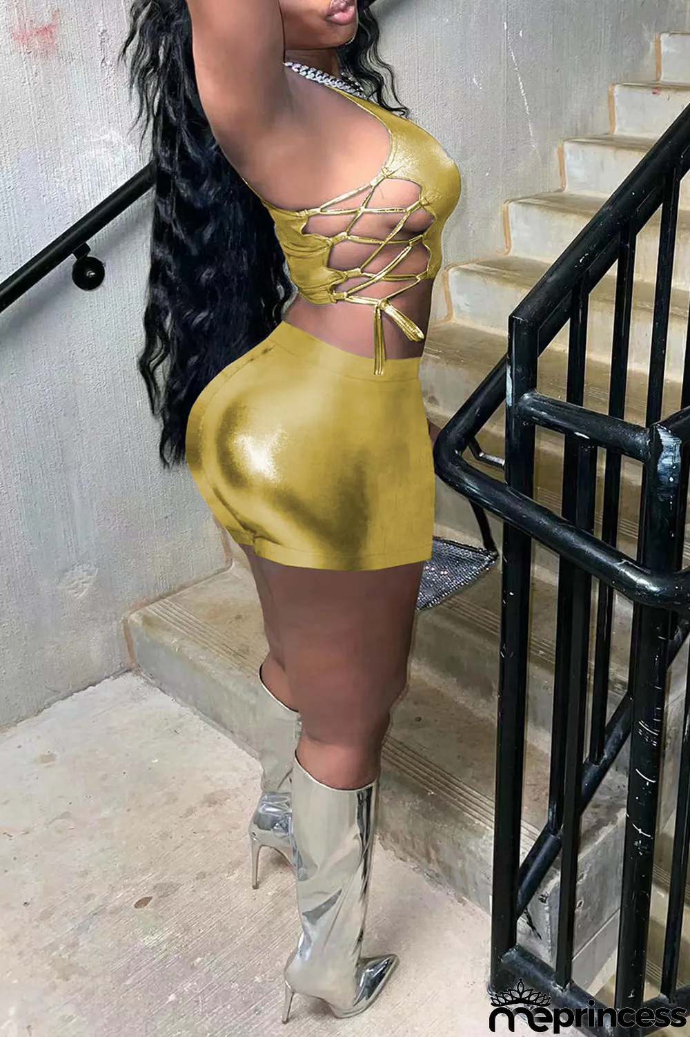 Blue Sexy Solid Bronzing Draw String O Neck Sleeveless Two Pieces