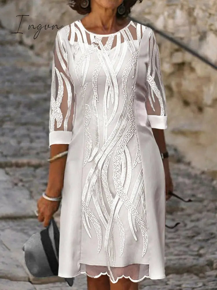 Ingvn - Fashion Trends Embroidered Dress Half Sleeve Casual Sexy See - Through Patchwork Lace Party