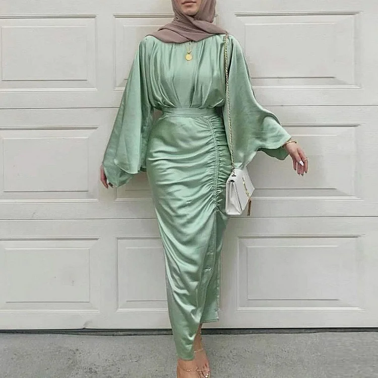 African Americans fashion QFY Muslim Dubai Abaya Islamic Clothes For Women Long Sleeve Shirring Satin Dress 2022 Eid Mubarak Djellaba Femme Kaftan Kimono Ankara Style QueenFunky