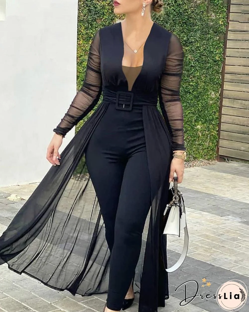Plain Sheer Mesh Skinny Jumpsuit P14027