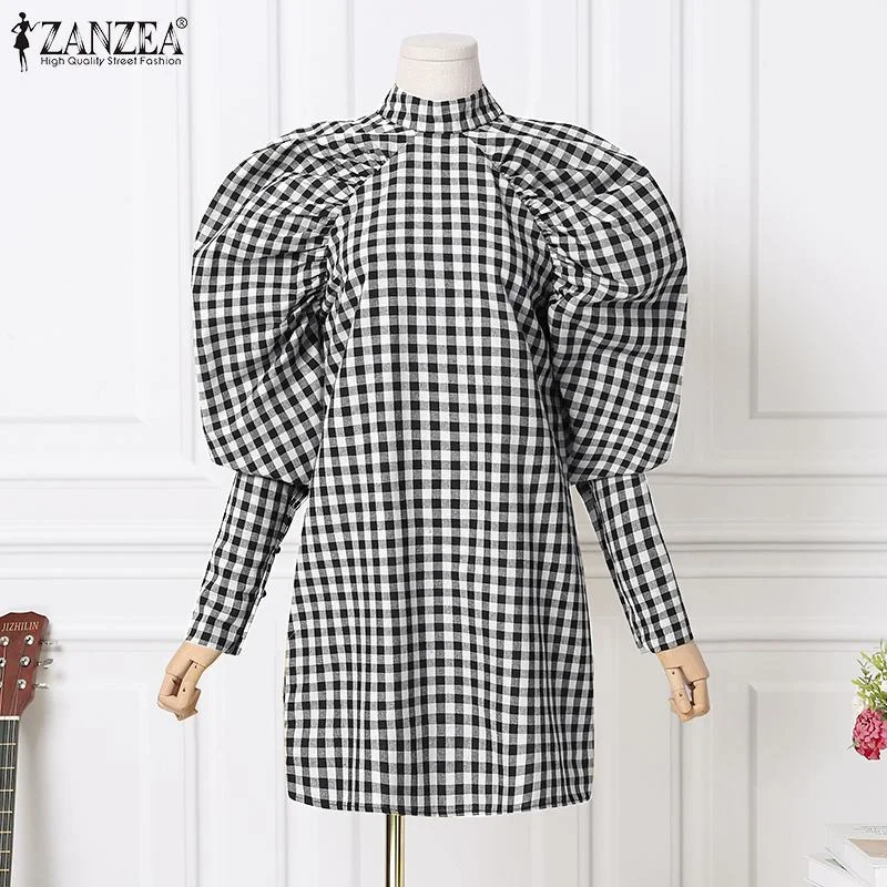 2022 ZANZEA Summer Y2k Women Mini Dresses Party Vestidos Fashion Plaid Dress Casual Puff Sleeve Stand Collar Sundress Oversized