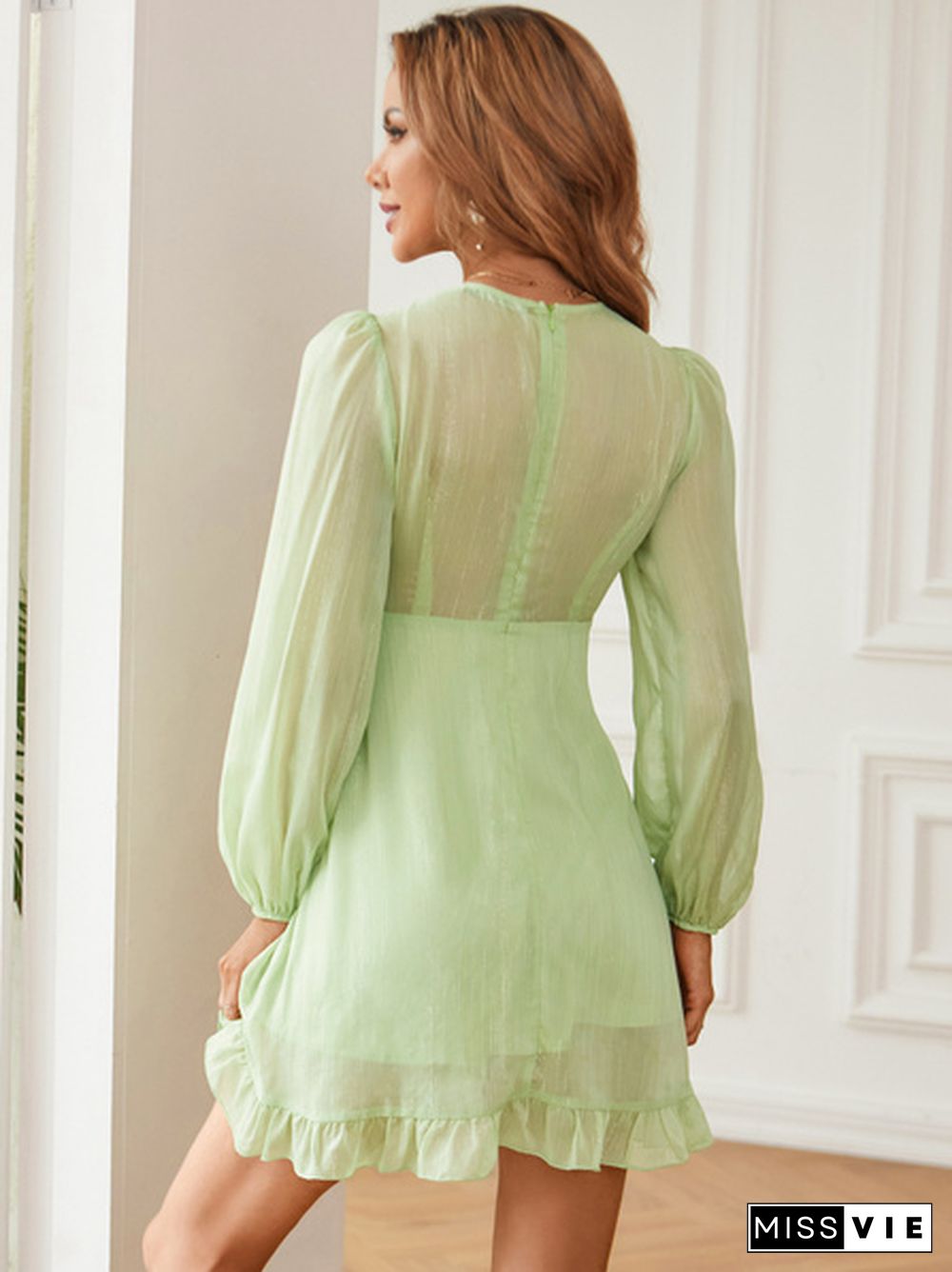 Sheer Lantern Sleeve Cut-Out Layered Hem Dress