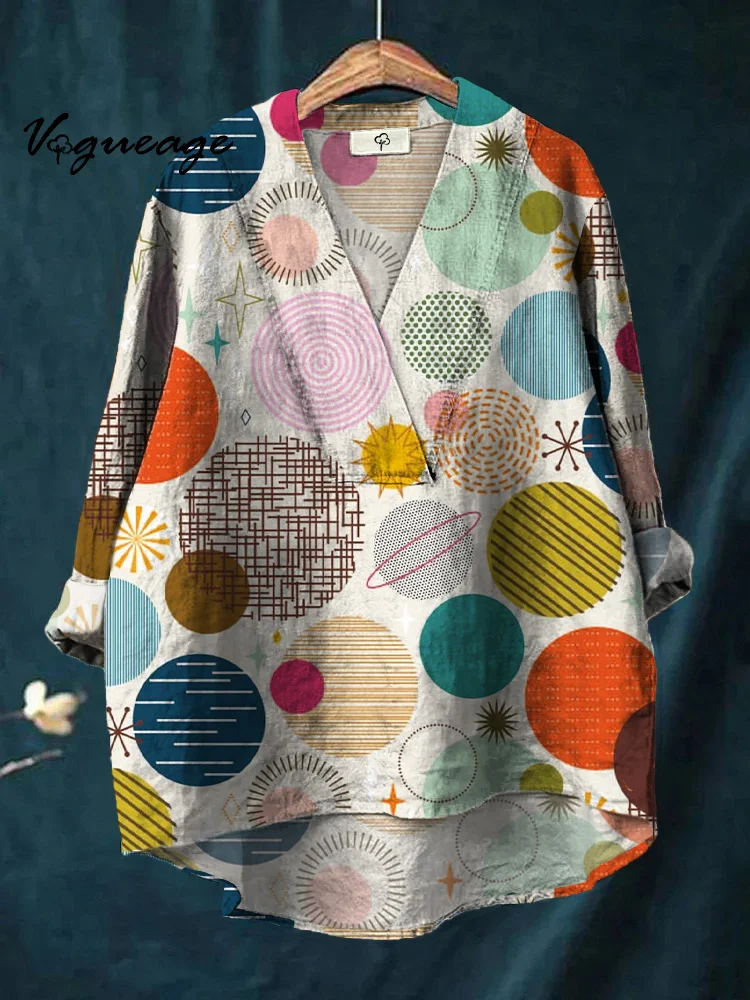 Simple Fun Colorful Circles Printed Cotton And Linen Shirt