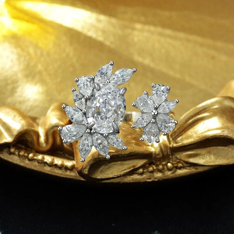 100% 925 Sterling Silver 7*9mm Oval Padma Aquamarine Yellow High Carbon Diamond Flower Rings For Women Party Fine Jewelry