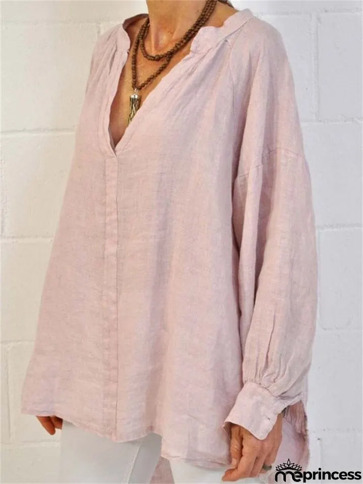 Women's Loose Pullover Style Solid Color V-Neck Blouse