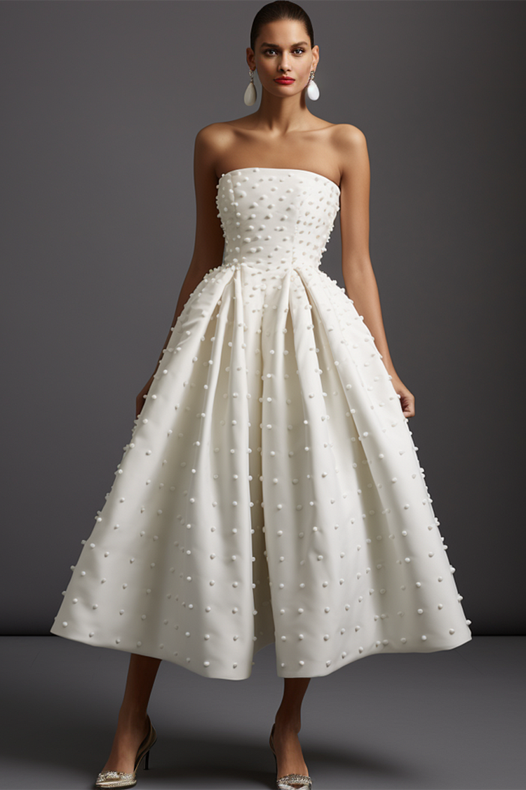 Wedding Strapless Bubble Beaded Tunic Midi Dress-White [Pre-Order]