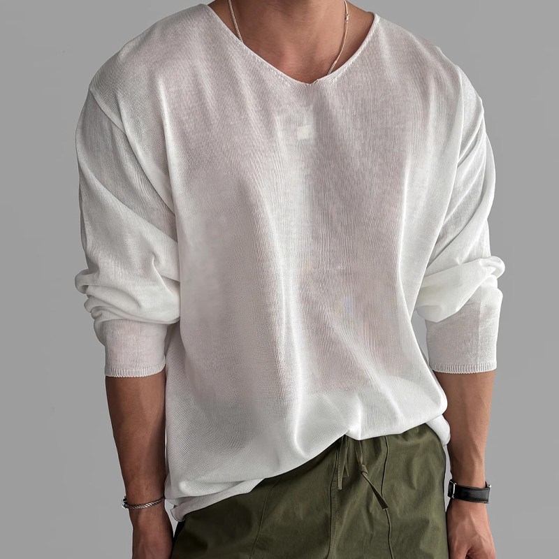 Men's V-Neck Knitted Loose Thin T-Shirt
