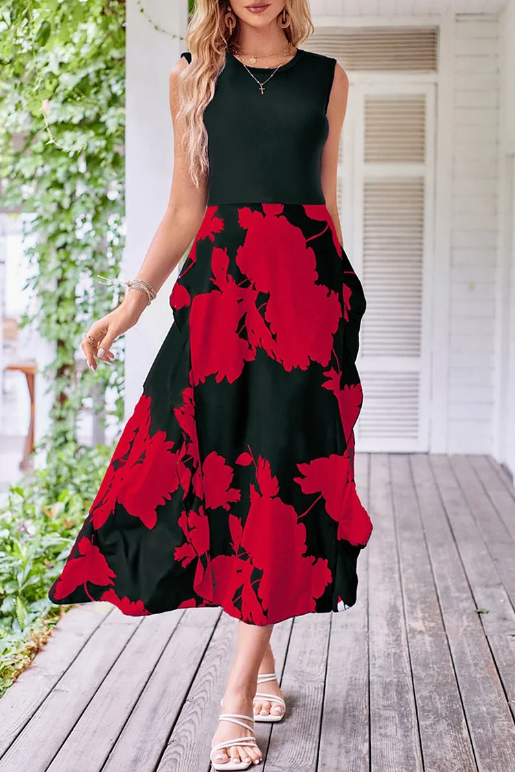 Sweet Elegant Print Patchwork O Neck Sleeveless Dress Dresses