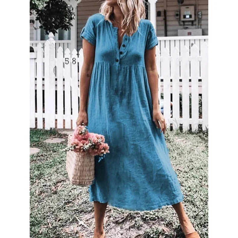 Solid Color Short Sleeve Round Neck Dress